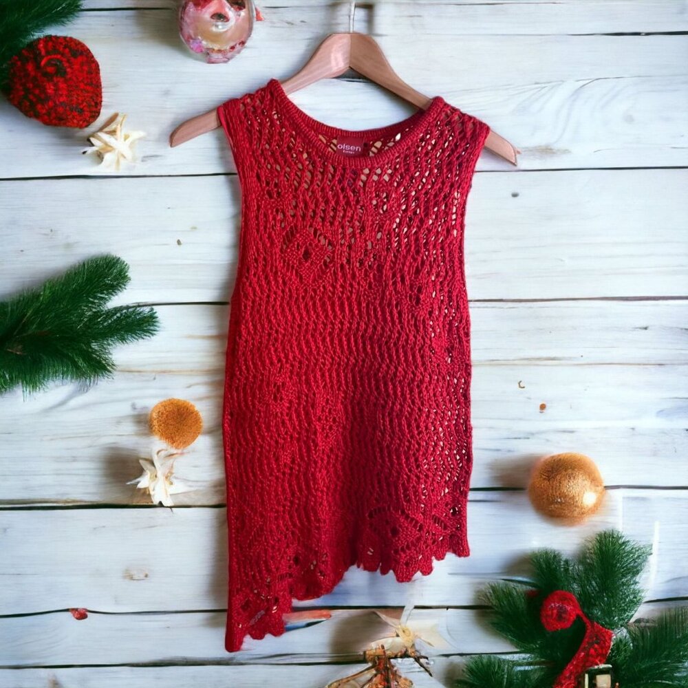 Olsen Europe Crochet Tunic Sweater Womens Medium Red Liner Sleavless Christmas
